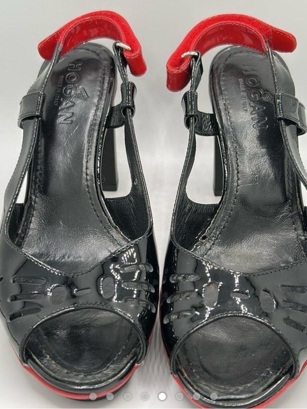 Hogan Black Patent Leather Peep-Toe Slingbacks with Red Trim
